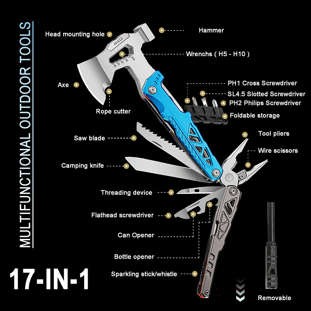 DRAGONSMILE 17-in-1 Multifunctional Outdoor Tool Axe with Hammer, Plier, wrenches, utility knife, saw