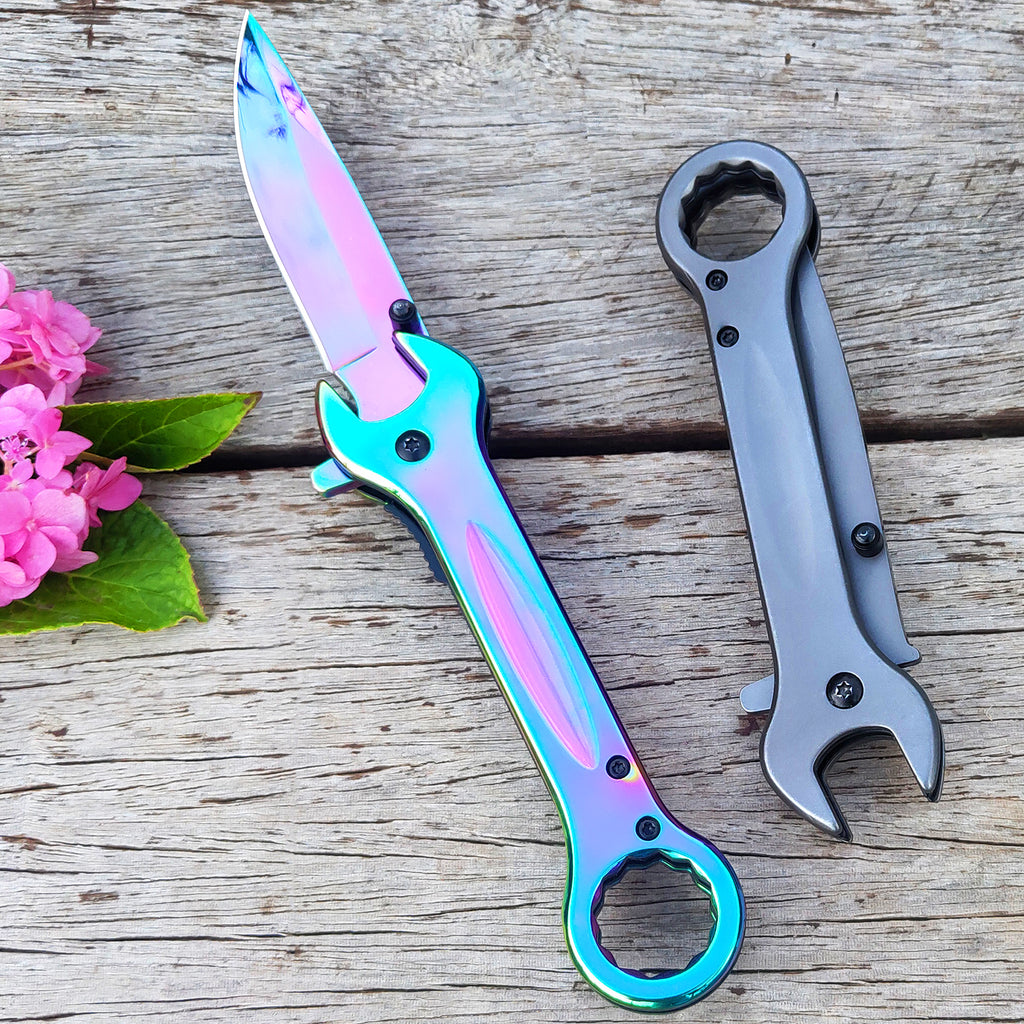 DRAGONSMILE Gold Utility Folding Knife with 14mm and 17mm wrenchs