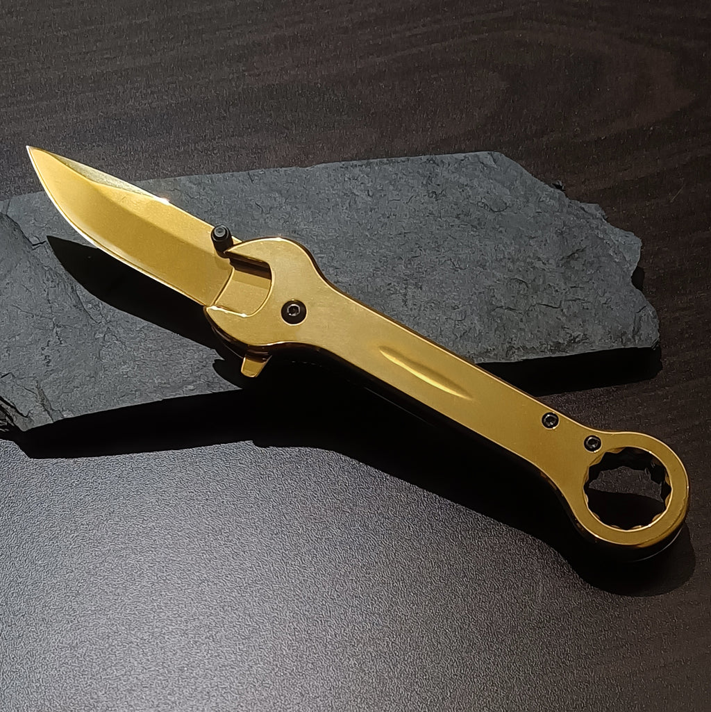 DRAGONSMILE Gold Utility Folding Knife with 14mm and 17mm wrenchs