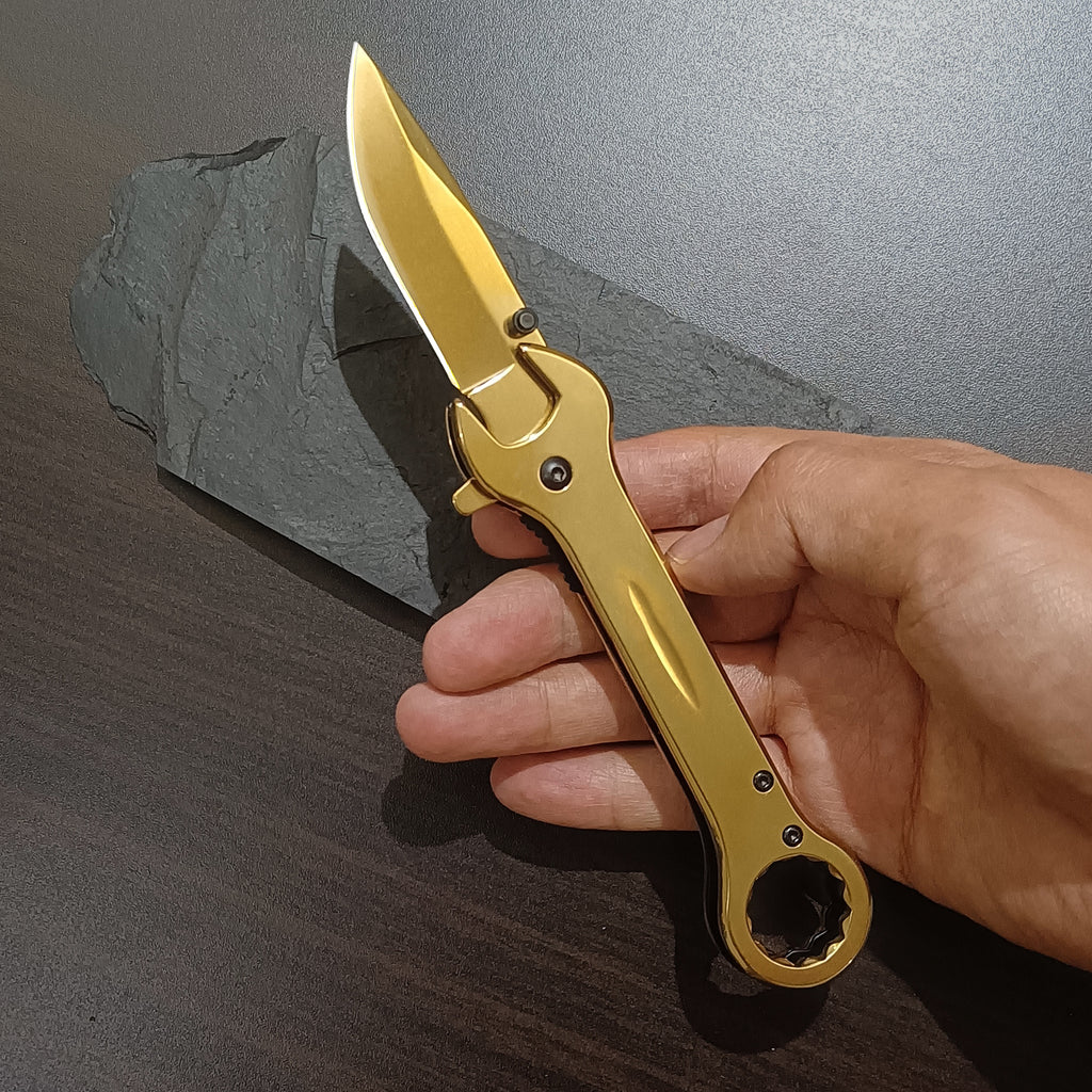 DRAGONSMILE Gold Utility Folding Knife with 14mm and 17mm wrenchs