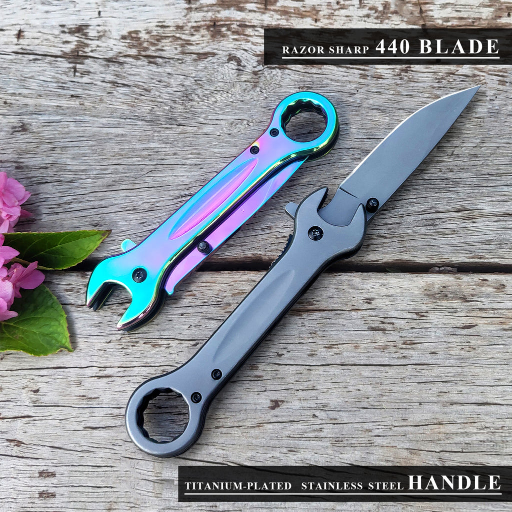 DRAGONSMILE Gold Utility Folding Knife with 14mm and 17mm wrenchs