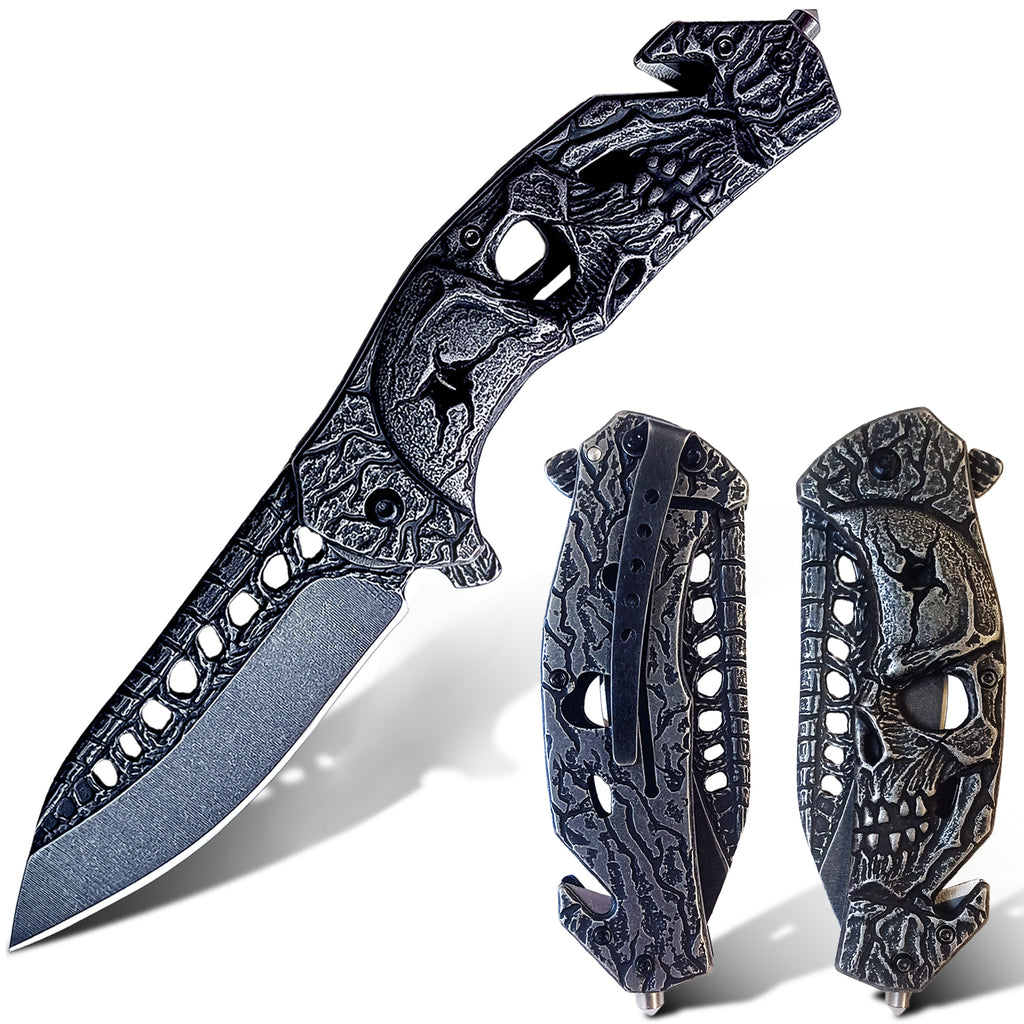 DRAGONSMILE Pocket Folding Knife with 3D Skull Handle