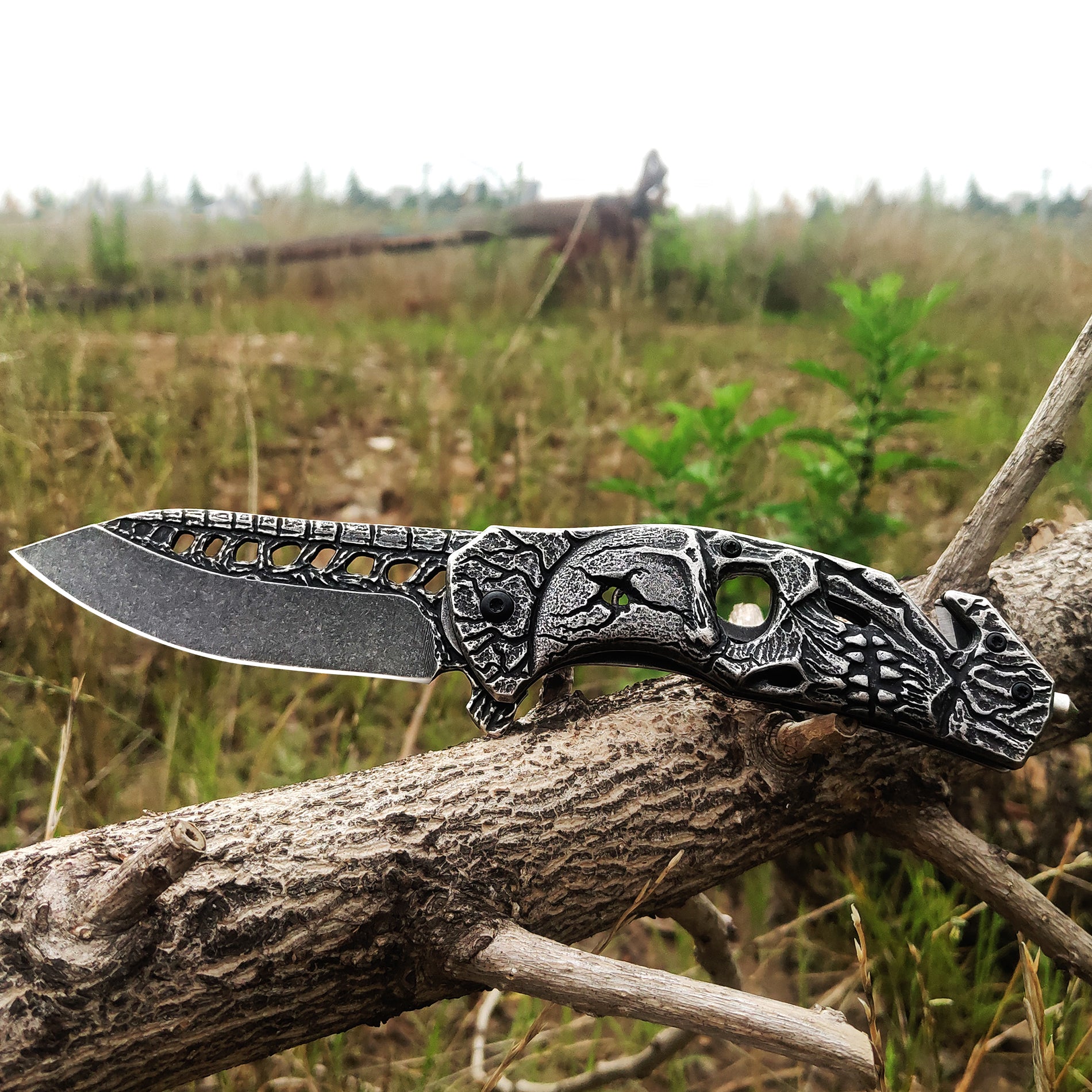 DRAGONSMILE Pocket Folding Knife with 3D Skull Handle