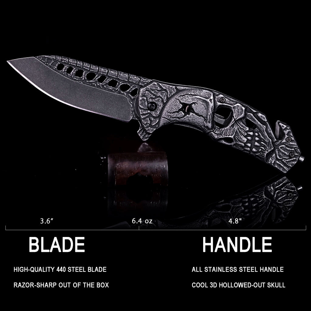 DRAGONSMILE Pocket Folding Knife with 3D Skull Handle