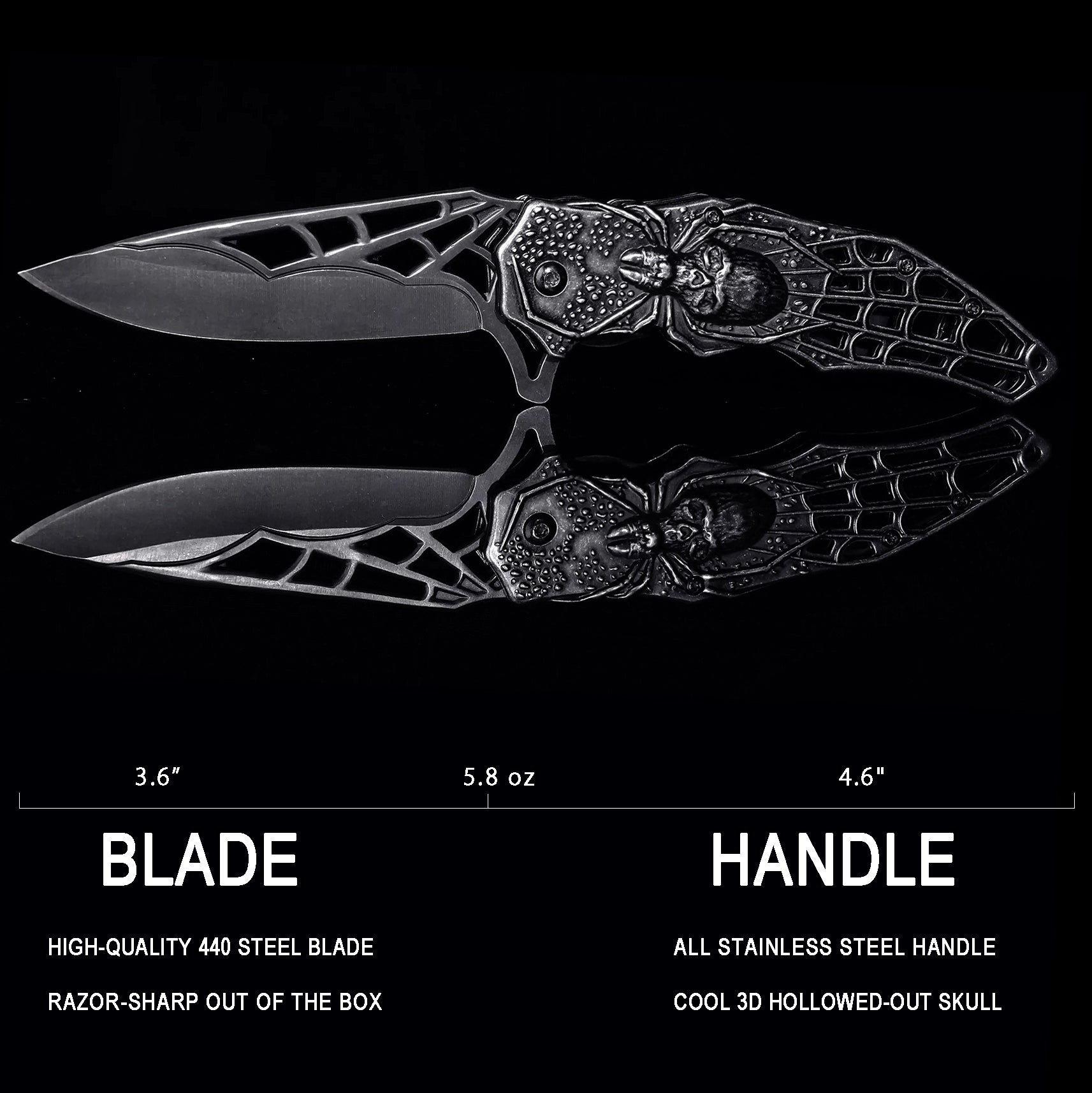 DRAGONSMILE Pocket Folding Knife with 3D Skull Handle