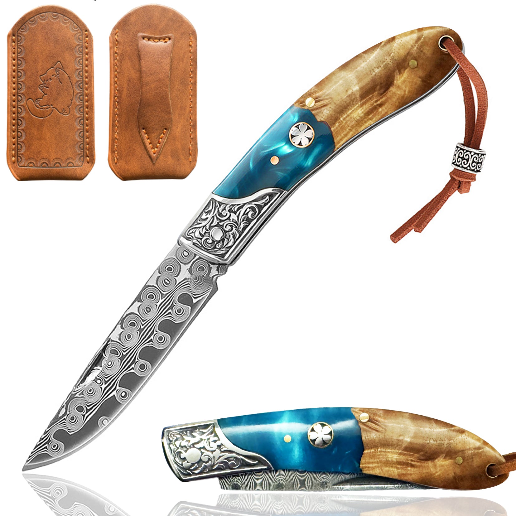 DRAGONSMILE Pocket Knife for Men, Damascus Folding Knife with leather sheath