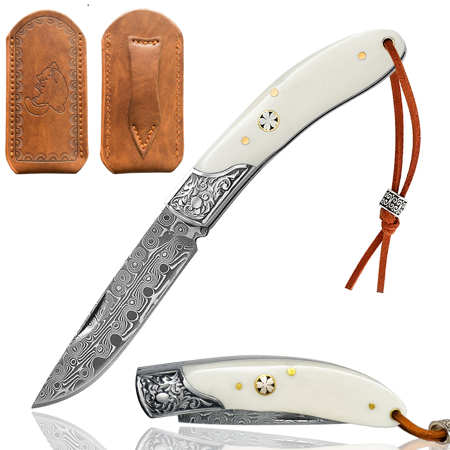 DRAGONSMILE Pocket Knife for Men, Damascus Folding Knife with leather sheath