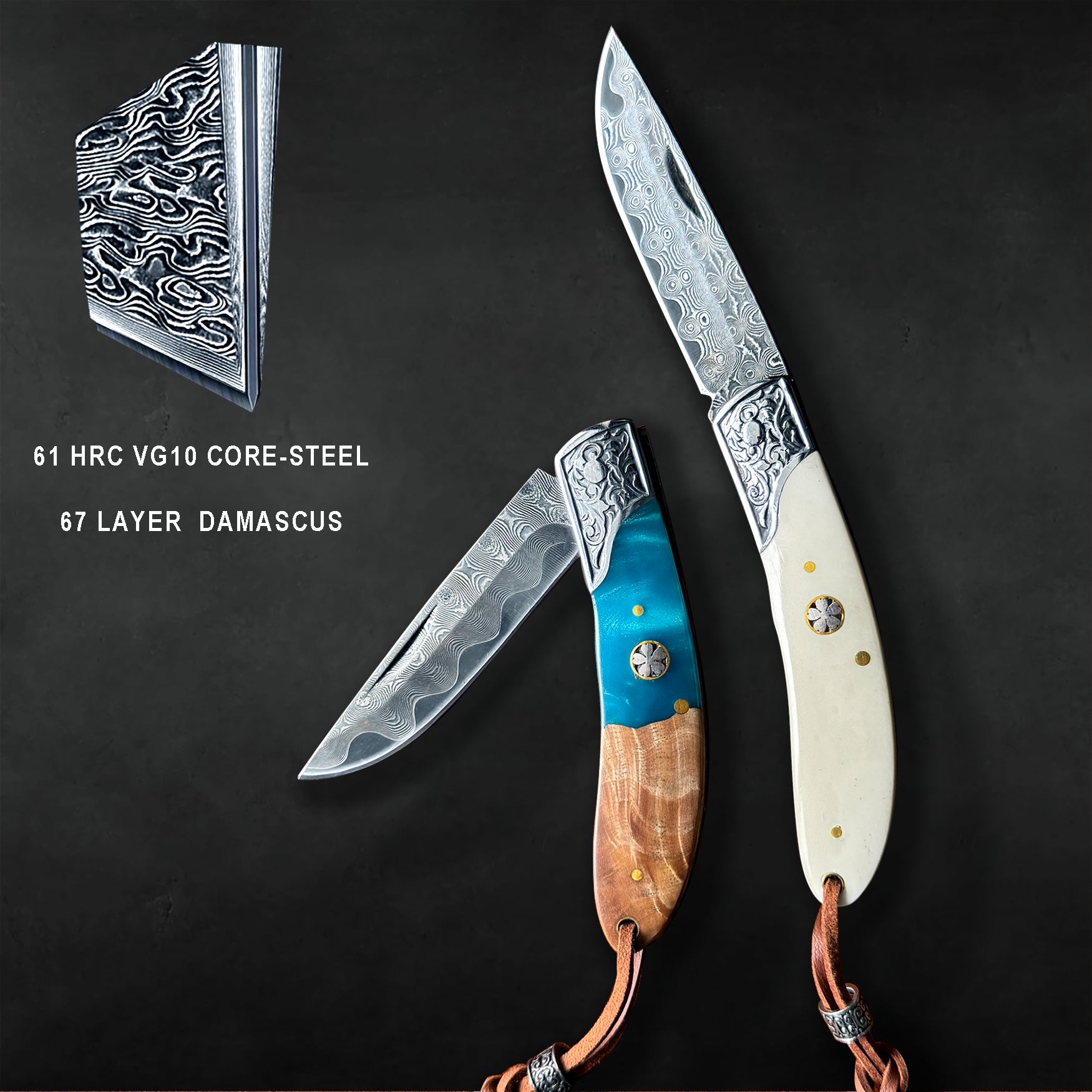 DRAGONSMILE Pocket Knife for Men, Damascus Folding Knife with leather sheath