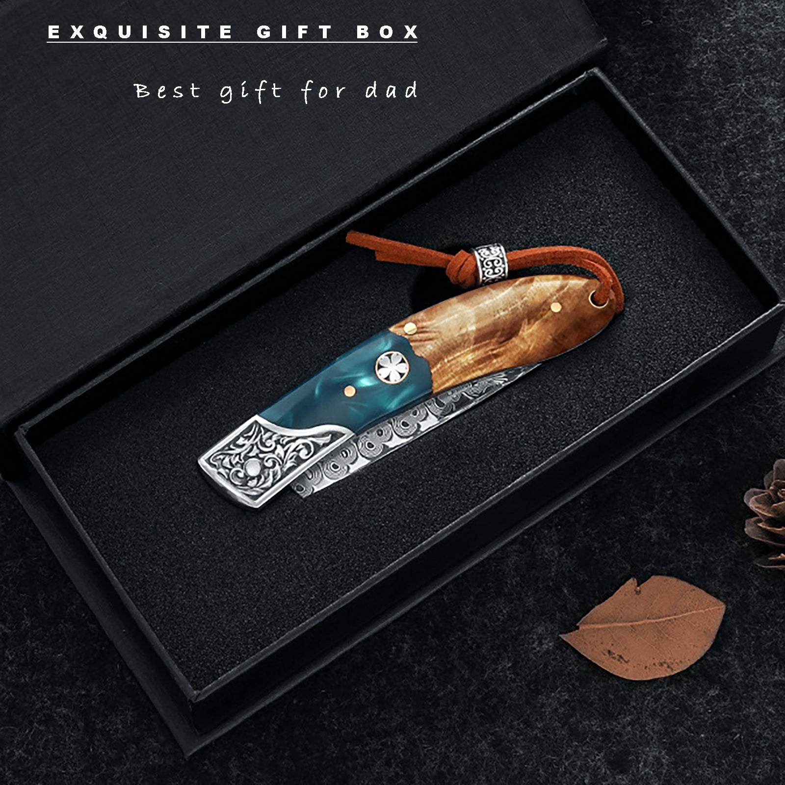 DRAGONSMILE Pocket Knife for Men, Damascus Folding Knife with leather sheath