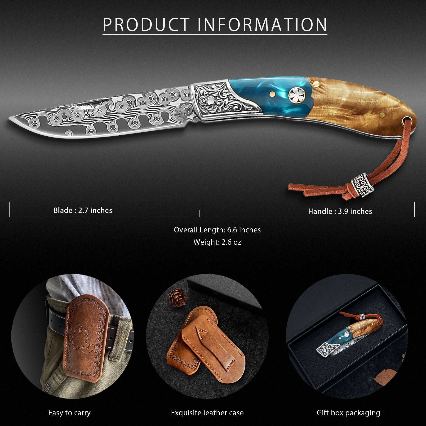 DRAGONSMILE Pocket Knife for Men, Damascus Folding Knife with leather sheath