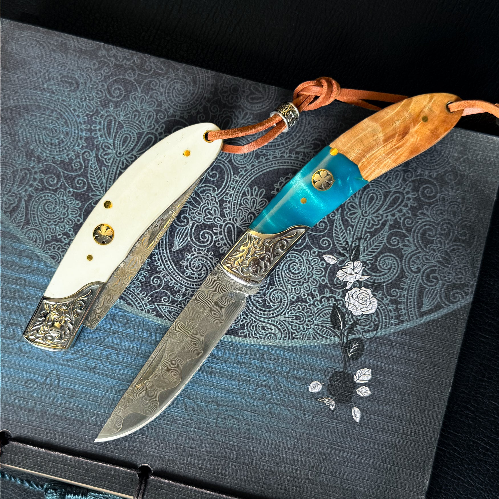 DRAGONSMILE Pocket Knife for Men, Damascus Folding Knife with leather sheath